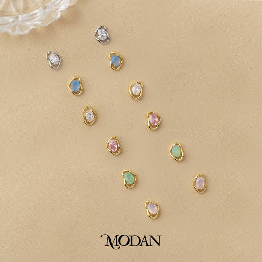 Colorful Irregular Shape Solitaire Moonstone and Cubic Zirconia Stud Earrings Anting Tusuk Batu Biduri Bulan Warna - Warni Hypoallergenic Gold Plated