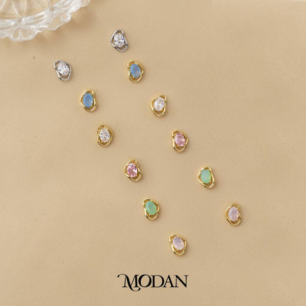 Colorful Irregular Shape Solitaire Moonstone and Cubic Zirconia Stud Earrings Anting Tusuk Batu Biduri Bulan Warna - Warni Hypoallergenic Gold Plated