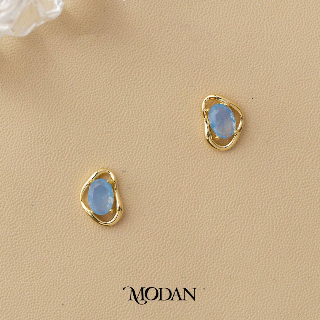 Colorful Irregular Shape Solitaire Moonstone and Cubic Zirconia Stud Earrings Anting Tusuk Batu Biduri Bulan Warna - Warni Hypoallergenic Gold Plated