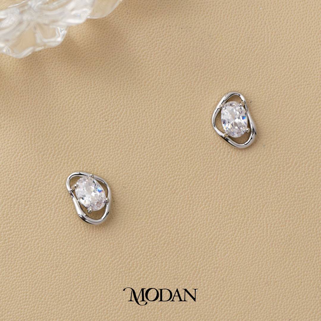 Colorful Irregular Shape Solitaire Moonstone and Cubic Zirconia Stud Earrings Anting Tusuk Batu Biduri Bulan Warna - Warni Hypoallergenic Gold Plated