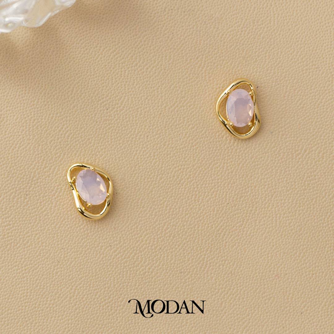 Colorful Irregular Shape Solitaire Moonstone and Cubic Zirconia Stud Earrings Anting Tusuk Batu Biduri Bulan Warna - Warni Hypoallergenic Gold Plated