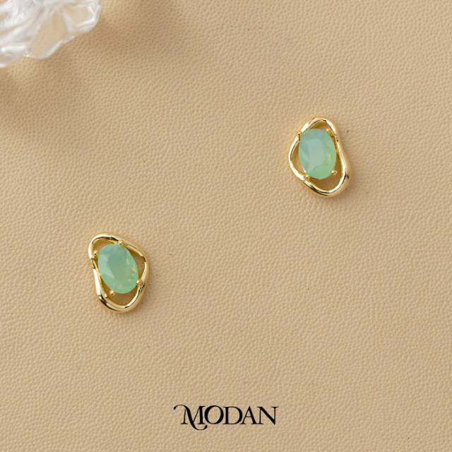 Colorful Irregular Shape Solitaire Moonstone and Cubic Zirconia Stud Earrings Anting Tusuk Batu Biduri Bulan Warna - Warni Hypoallergenic Gold Plated