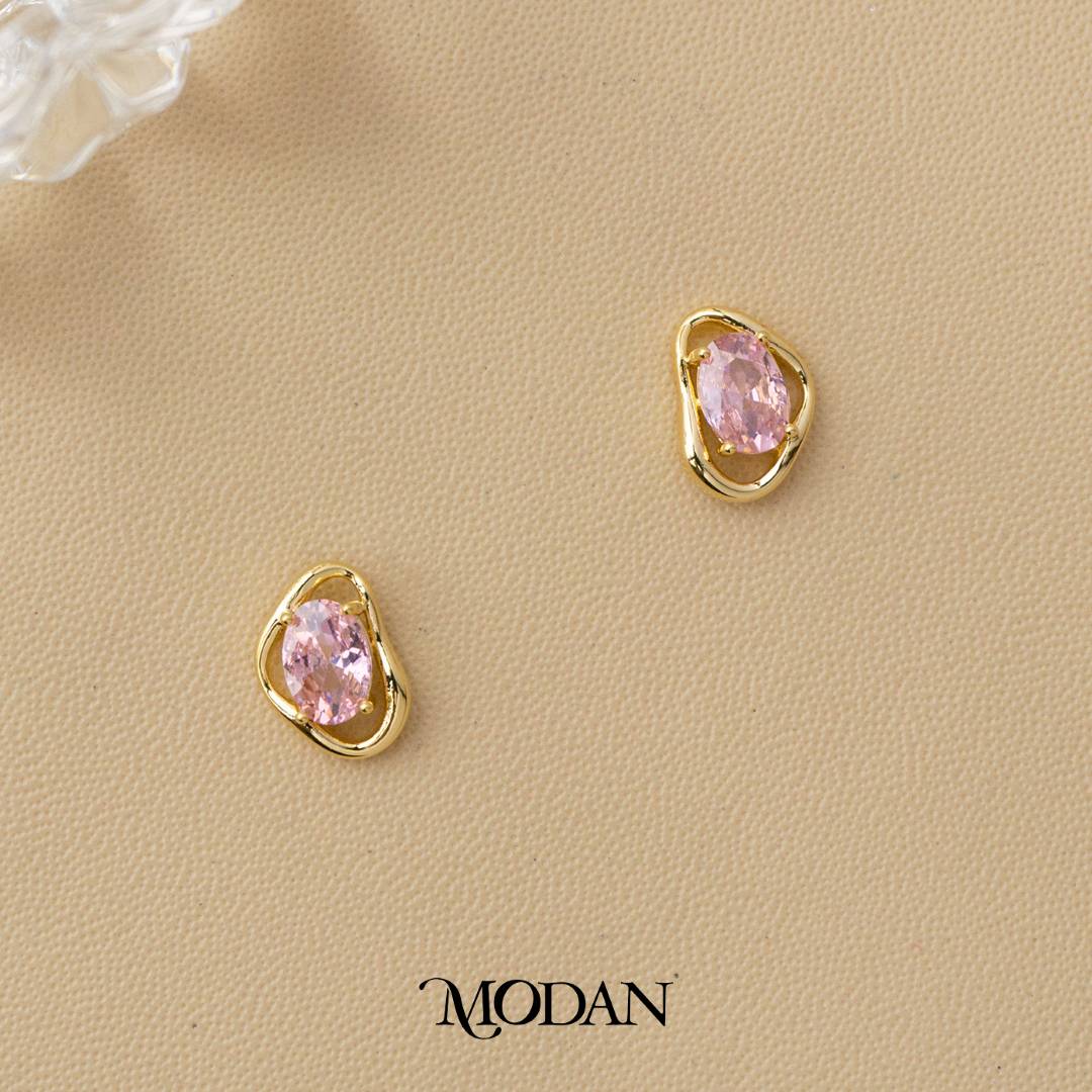 Colorful Irregular Shape Solitaire Moonstone and Cubic Zirconia Stud Earrings Anting Tusuk Batu Biduri Bulan Warna - Warni Hypoallergenic Gold Plated