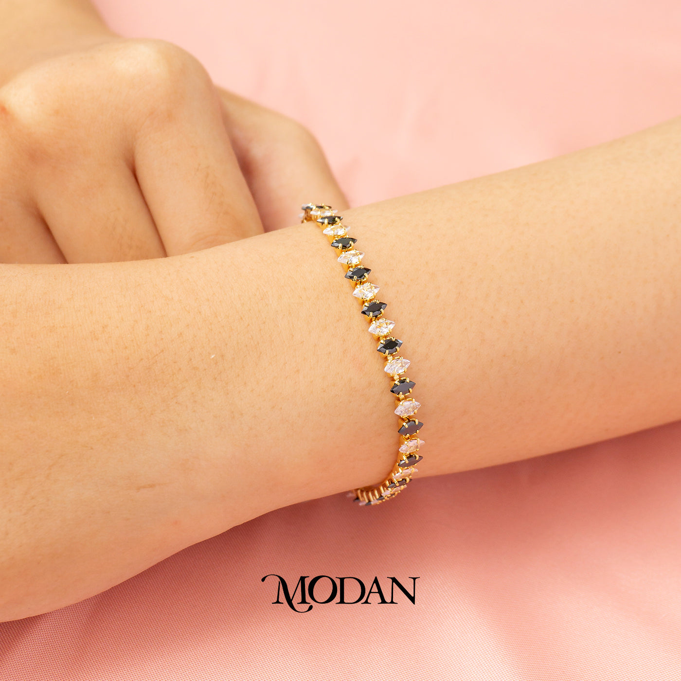 (16.5cm)(3mm) Black & White Marquise Party Tennis Bracelet Gelang Pesta Hypoallergenic Gold Filled