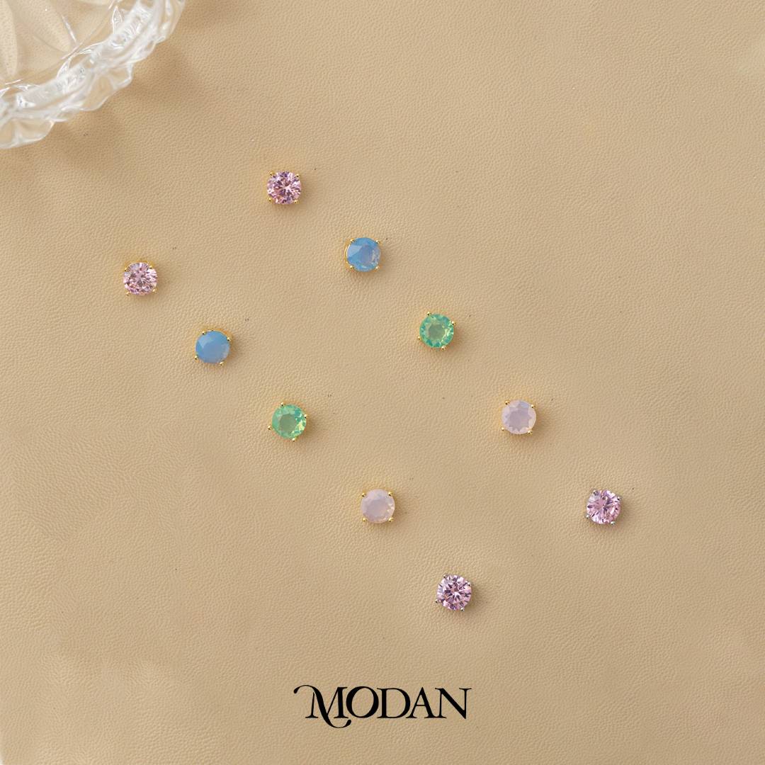 Colorful Solitaire Moonstone & Cubic Zirconia Stud Earrings Anting Tusuk Batu Biduri Bulan Warna - Warni Hypoallergenic Gold Plated