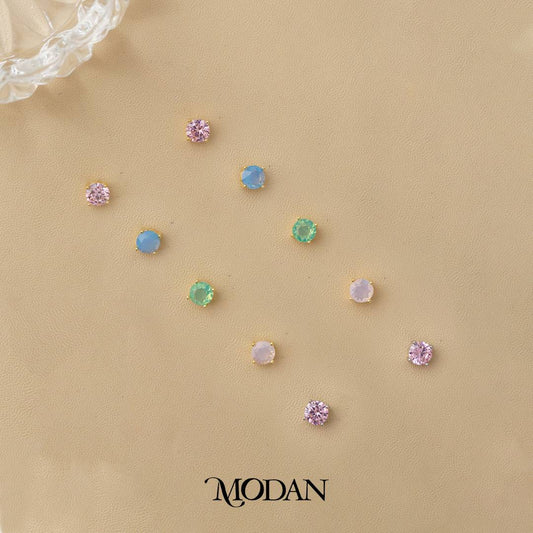 Colorful Solitaire Moonstone & Cubic Zirconia Stud Earrings Anting Tusuk Batu Biduri Bulan Warna - Warni Hypoallergenic Gold Plated