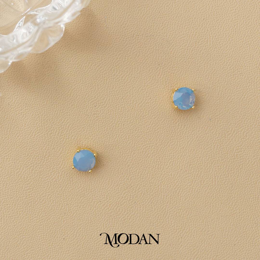 Colorful Solitaire Moonstone & Cubic Zirconia Stud Earrings Anting Tusuk Batu Biduri Bulan Warna - Warni Hypoallergenic Gold Plated