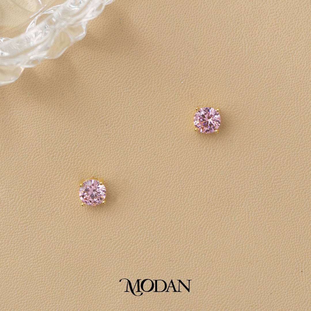 Colorful Solitaire Moonstone & Cubic Zirconia Stud Earrings Anting Tusuk Batu Biduri Bulan Warna - Warni Hypoallergenic Gold Plated