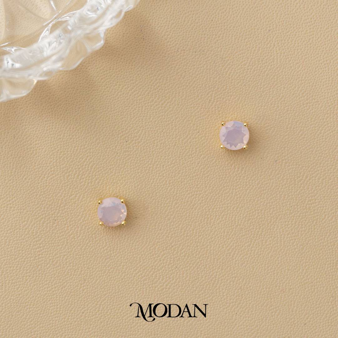 Colorful Solitaire Moonstone & Cubic Zirconia Stud Earrings Anting Tusuk Batu Biduri Bulan Warna - Warni Hypoallergenic Gold Plated