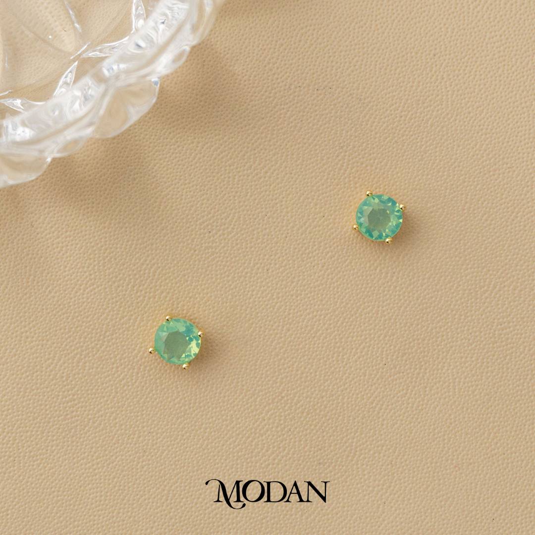 Colorful Solitaire Moonstone & Cubic Zirconia Stud Earrings Anting Tusuk Batu Biduri Bulan Warna - Warni Hypoallergenic Gold Plated