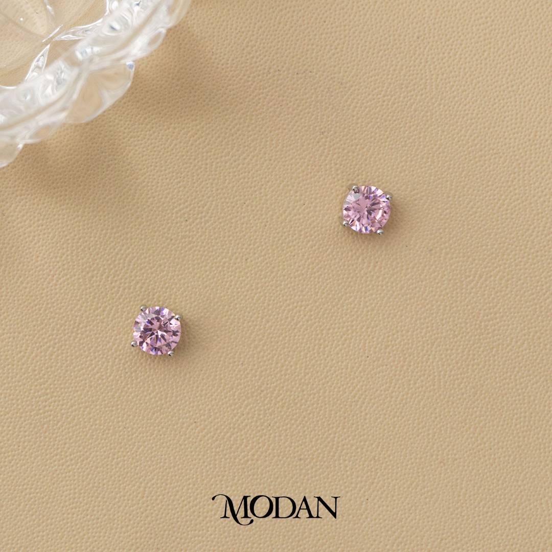Colorful Solitaire Moonstone & Cubic Zirconia Stud Earrings Anting Tusuk Batu Biduri Bulan Warna - Warni Hypoallergenic Gold Plated
