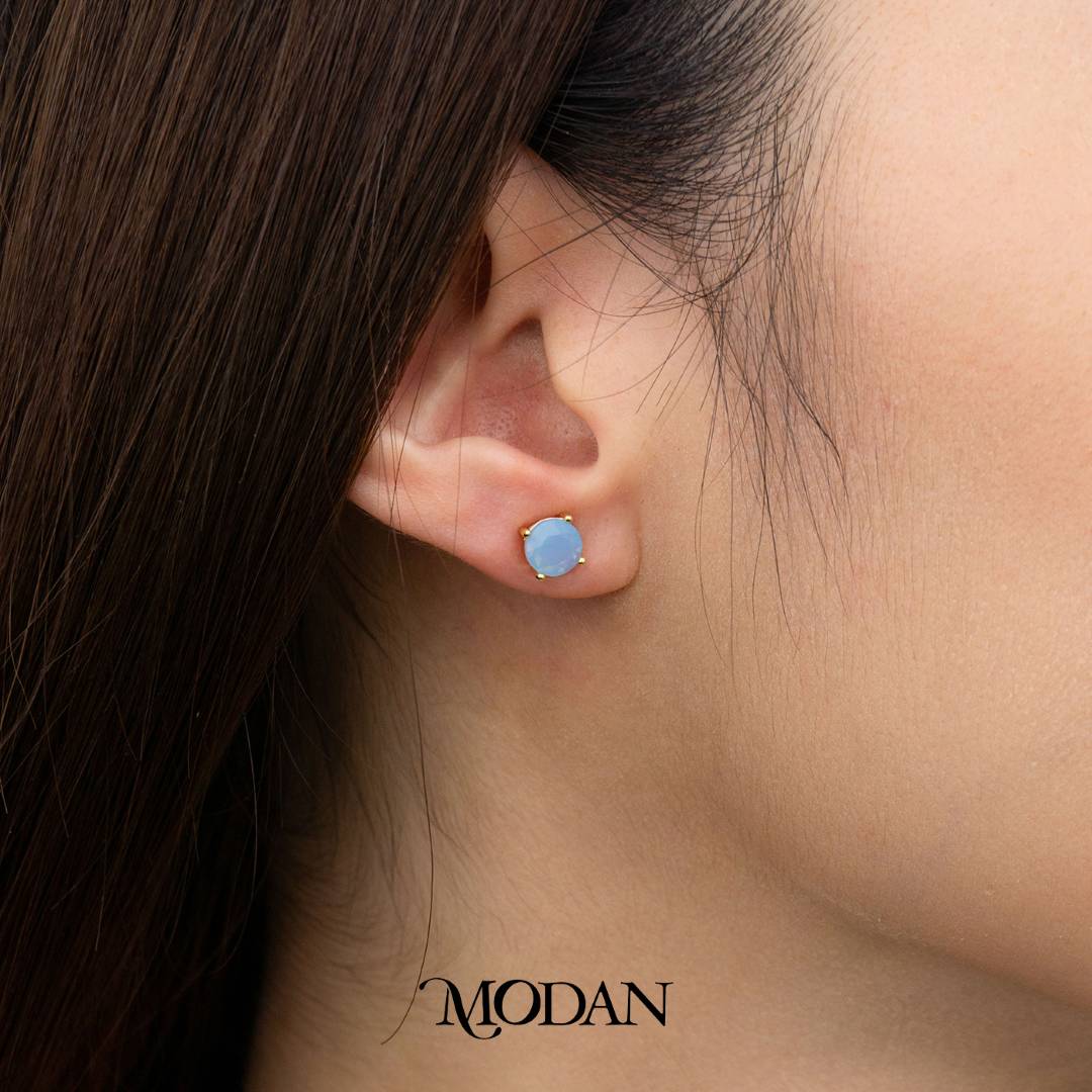 Colorful Solitaire Moonstone & Cubic Zirconia Stud Earrings Anting Tusuk Batu Biduri Bulan Warna - Warni Hypoallergenic Gold Plated