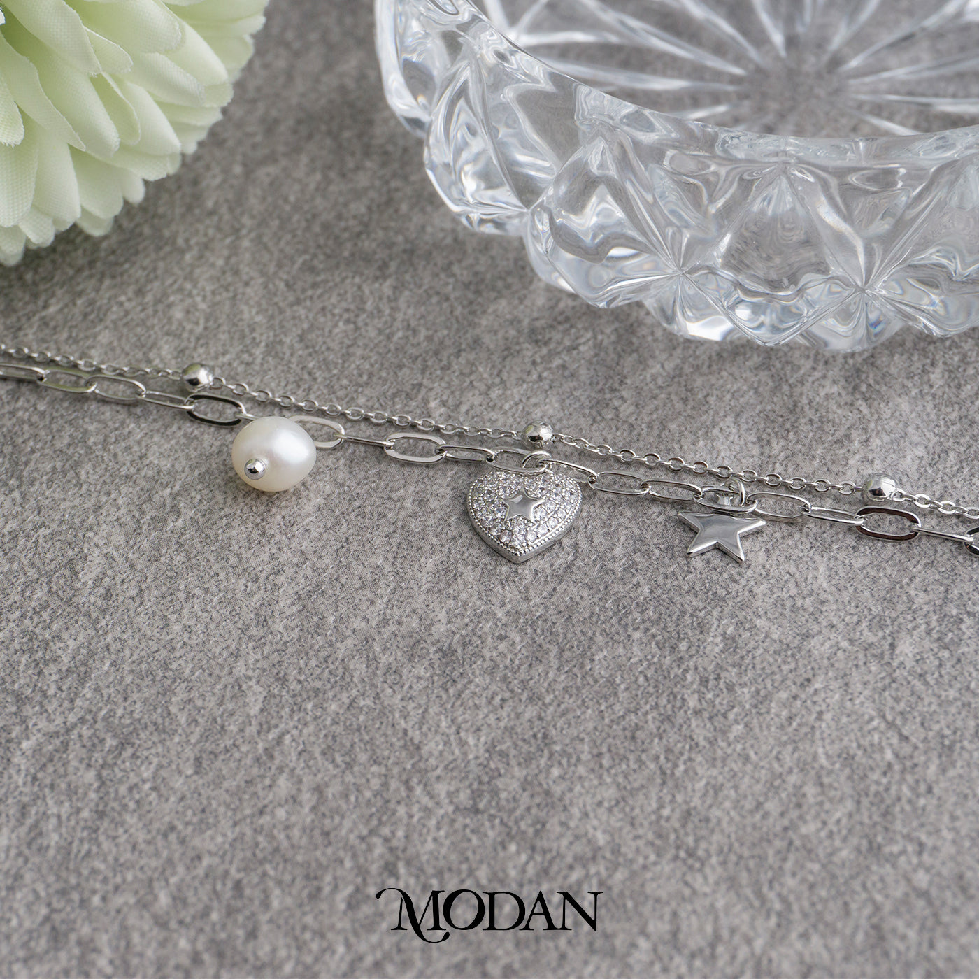 (15.5cm) Shell Pearl Celestial Star & Heart Double Layer Bracelet Gelang Layer Hypoallergenic Gold Filled