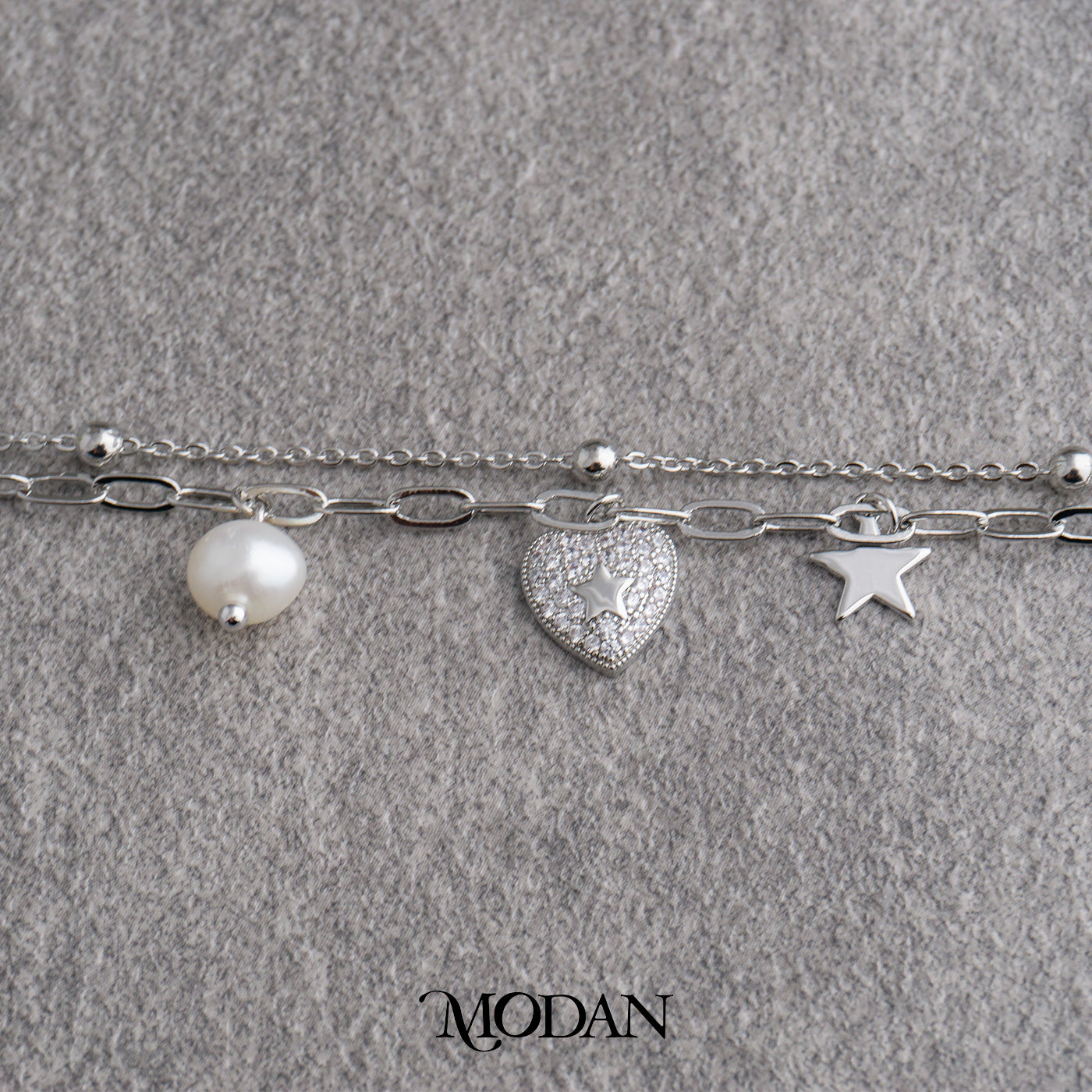 (15.5cm) Shell Pearl Celestial Star & Heart Double Layer Bracelet Gelang Layer Hypoallergenic Gold Filled