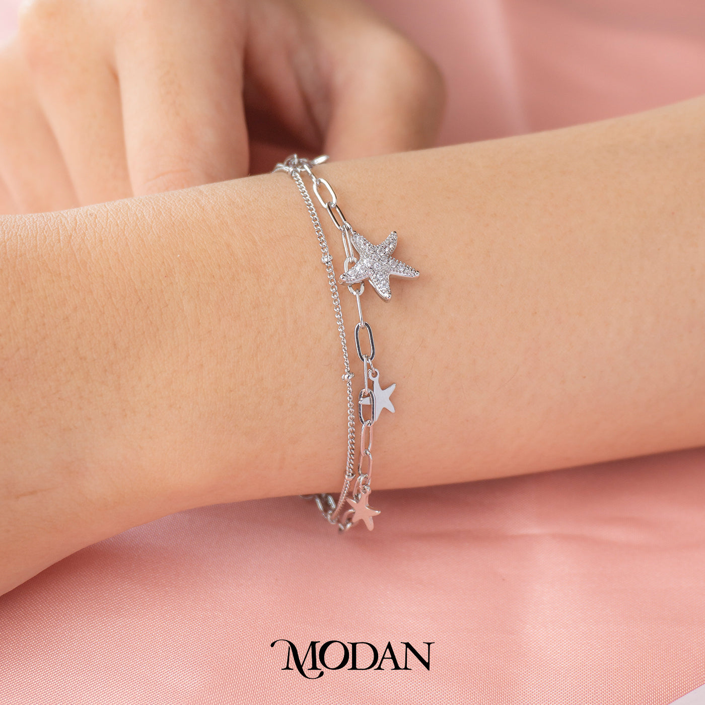 (16cm) Sparkling Starfish Beach Double Layer Bracelet Gelang Minimalis Hypoallergenic Gold Filled