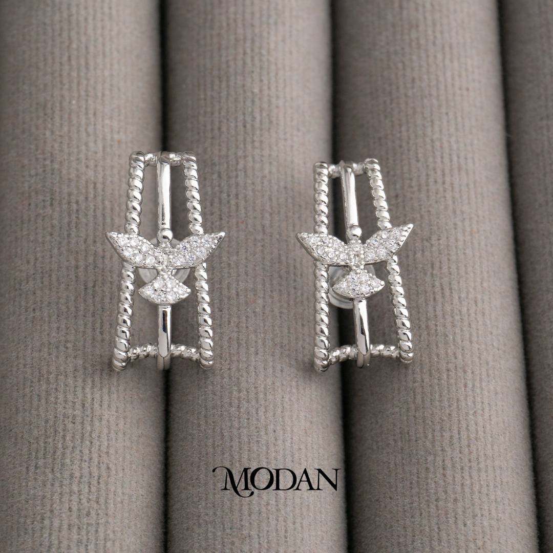 Sparkling Flying Dove Triple Bar C Hoop Earrings Anting Tusuk Tiga Baris Burung Merpati Hypoallergenic Gold Filled