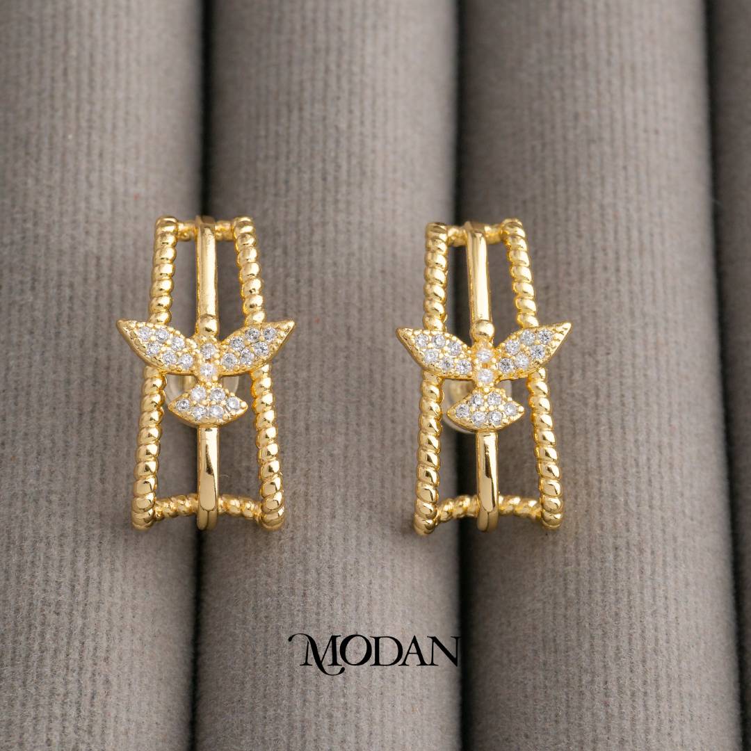 Sparkling Flying Dove Triple Bar C Hoop Earrings Anting Tusuk Tiga Baris Burung Merpati Hypoallergenic Gold Filled