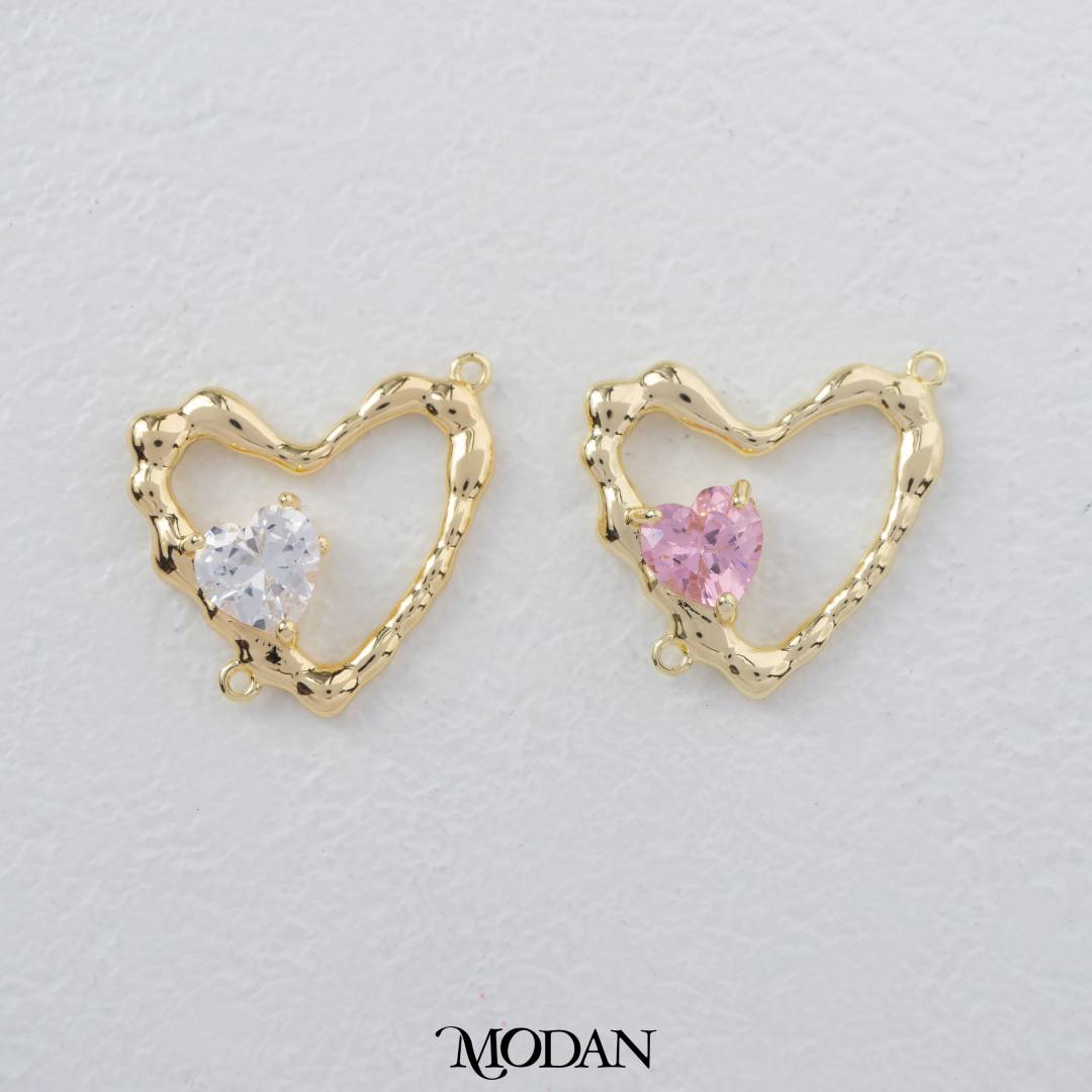 Open Back Love Heart With Pink/Clear Zirconia DIY Connector Liontin Bandul Kalung Hati Hypoallergenic Gold Filled