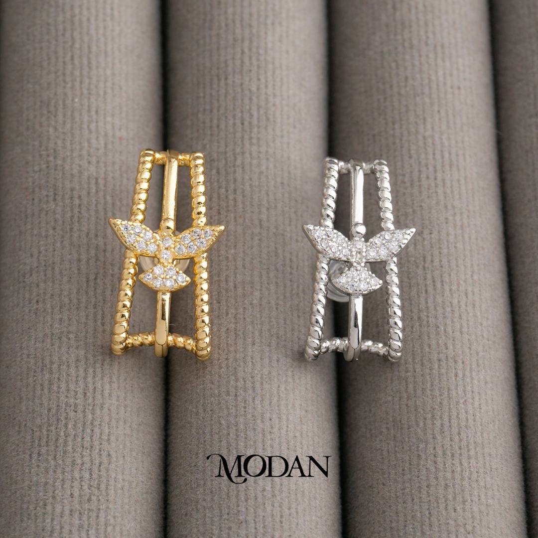 Sparkling Flying Dove Triple Bar C Hoop Earrings Anting Tusuk Tiga Baris Burung Merpati Hypoallergenic Gold Filled