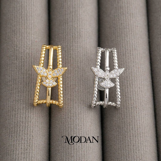 Sparkling Flying Dove Triple Bar C Hoop Earrings Anting Tusuk Tiga Baris Burung Merpati Hypoallergenic Gold Filled