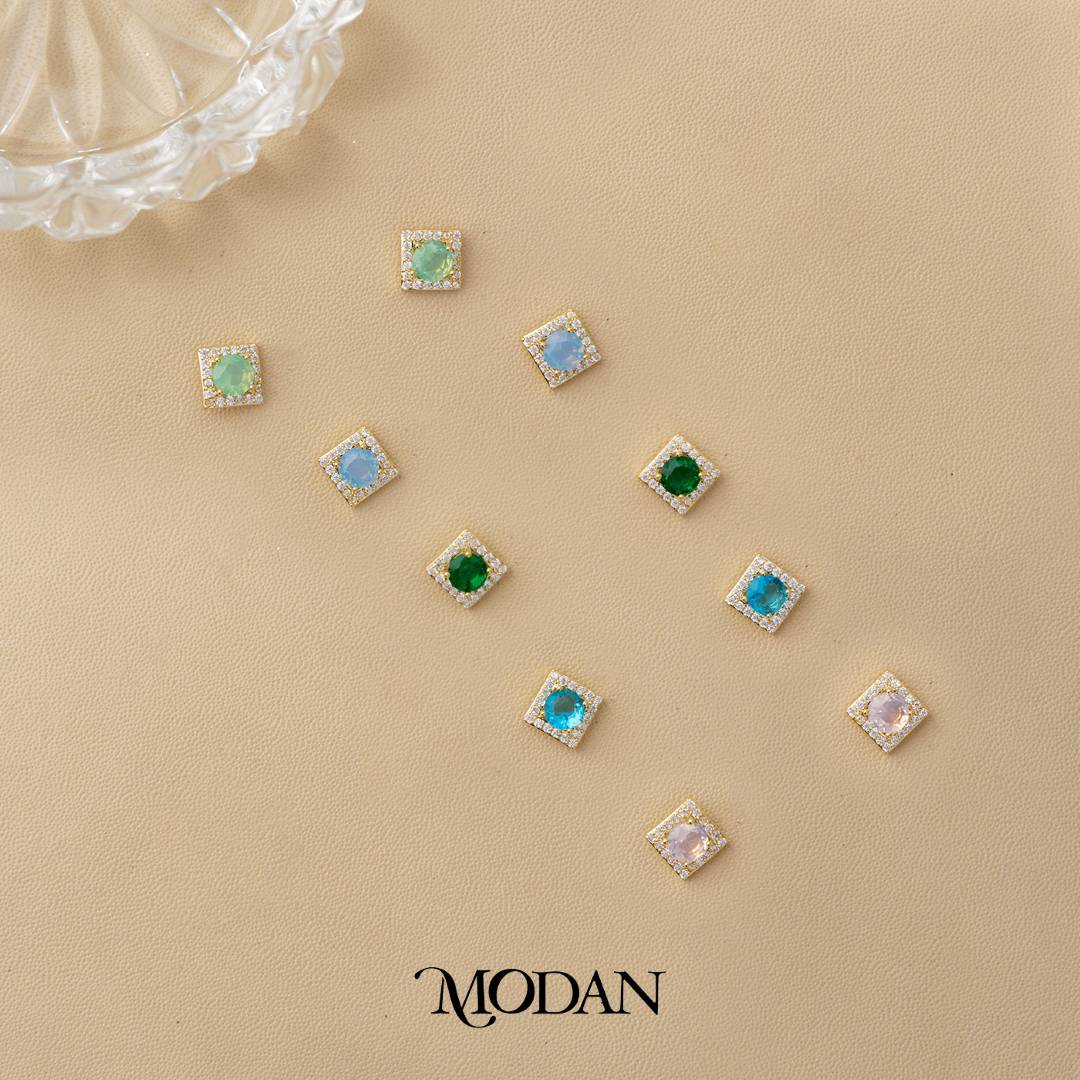 Colorful Mini Square Stud Earrings Anting Tusuk Mata Satu Biduri Bulan Warna - Warni Hypoallergenic Gold Plated