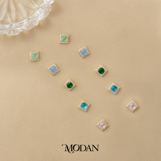 Colorful Mini Square Stud Earrings Anting Tusuk Mata Satu Biduri Bulan Warna - Warni Hypoallergenic Gold Plated