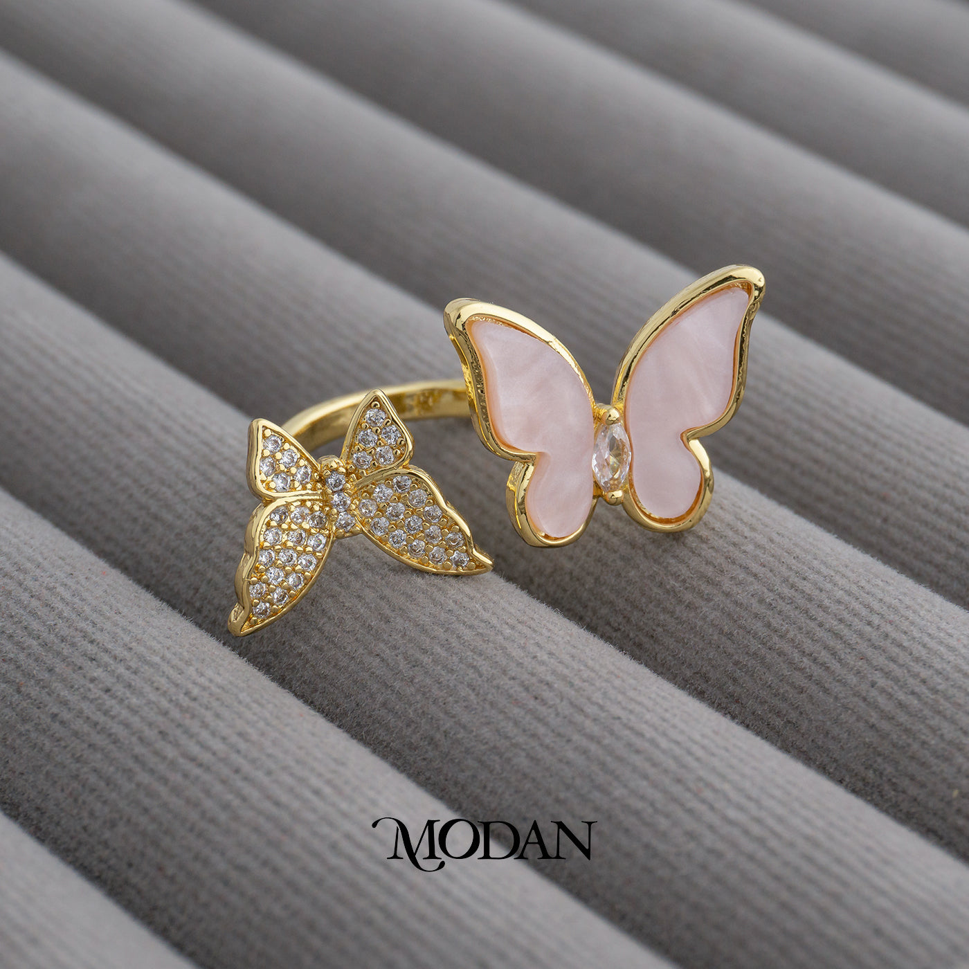 Pink Serenity Butterfly Ring Adjustable Cincin Daun Kupu-Kupu Merah Muda Hypoallergenic Gold Plated