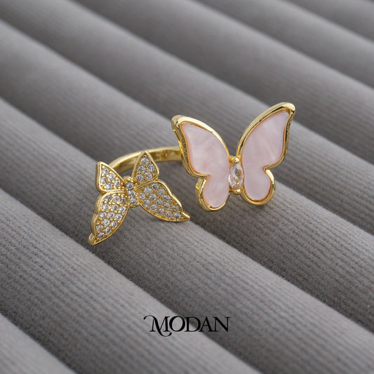 Pink Serenity Butterfly Ring Adjustable Cincin Daun Kupu-Kupu Merah Muda Hypoallergenic Gold Plated