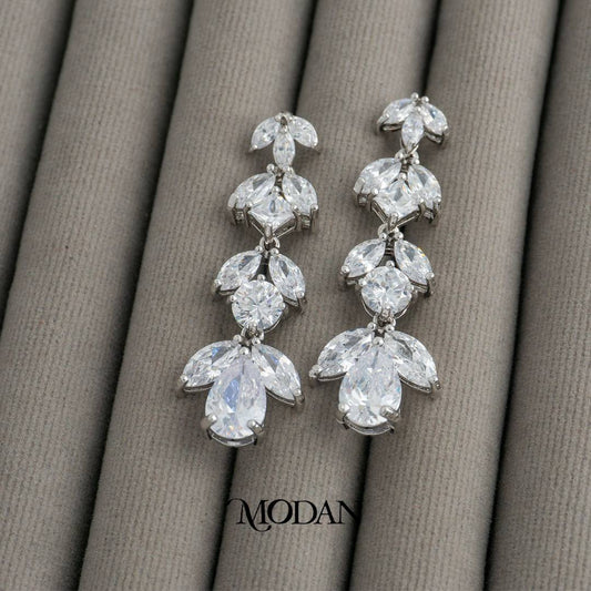Bridal Sparkling Leaf Drop Earrings Anting Gantung Daun Pesta Hypoallergenic Gold Plated