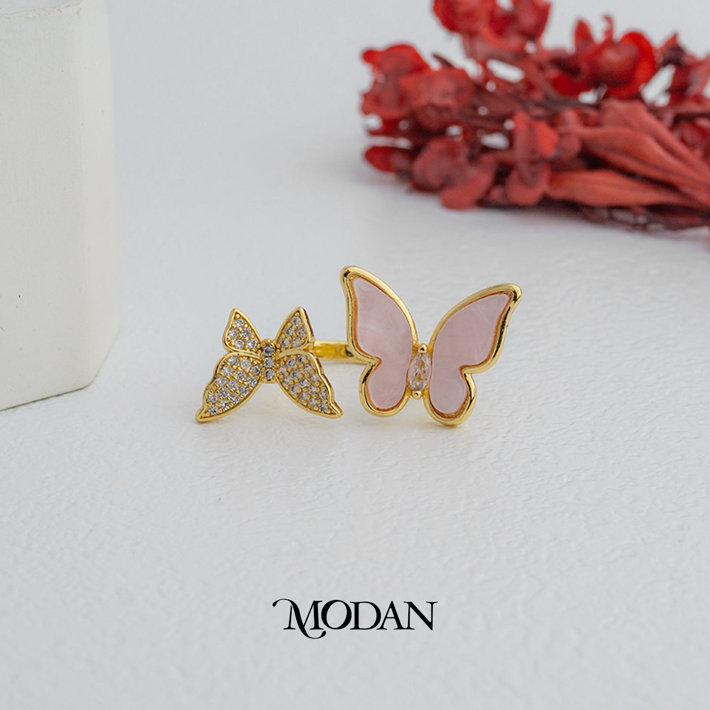 Pink Serenity Butterfly Ring Adjustable Cincin Daun Kupu-Kupu Merah Muda Hypoallergenic Gold Plated
