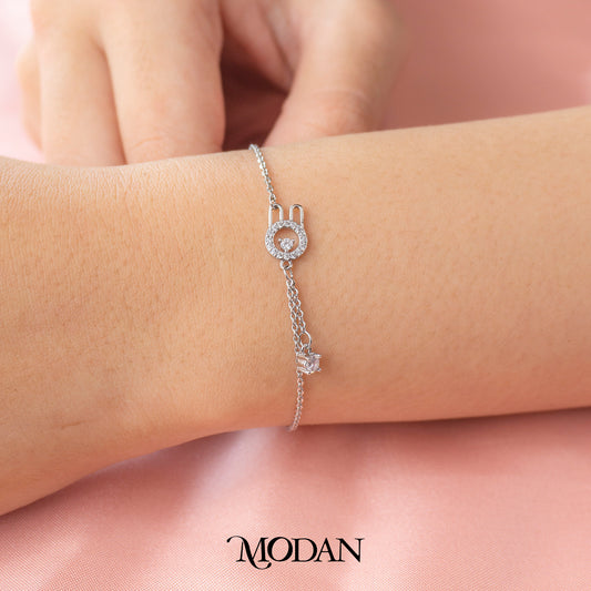 (15.5cm) Cute Silver Rabbit Bunny Dangle Bracelet Gelang Minimalis Hypoallergenic Gold Filled