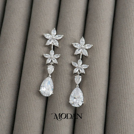 Bridal Sparkling Flower Teardrop Earrings Anting Gantung Bunga Pesta Hypoallergenic Gold Plated