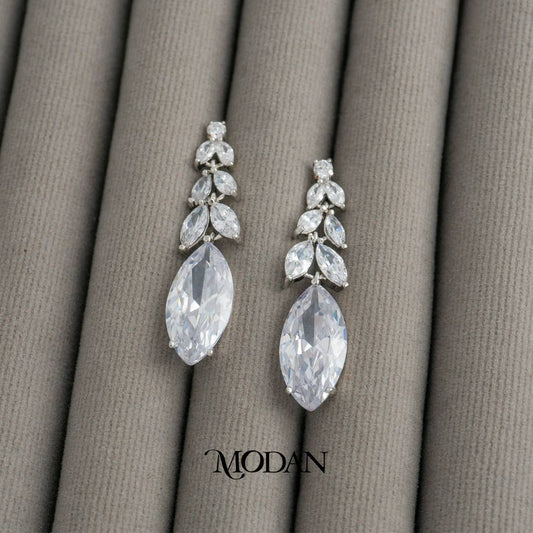 Bridal Sparkling Marquise Leaf Drop Earrings Anting Gantung Daun Pesta Hypoallergenic Gold Plated