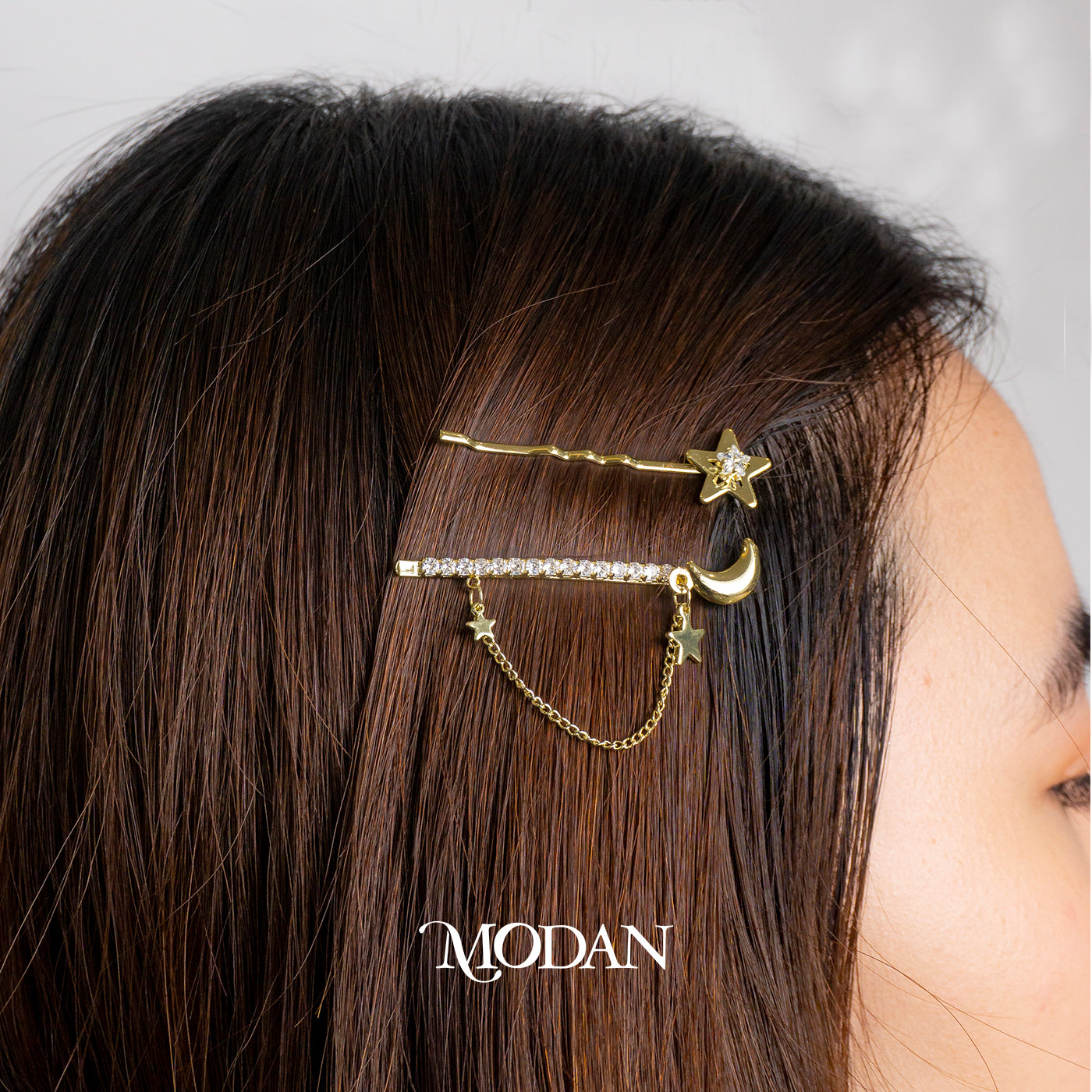 (1 Set isi 2) Celestial Moon and Star Dangle Hairpins Jepit Rambut Bulan dan Bintang Gold Plated