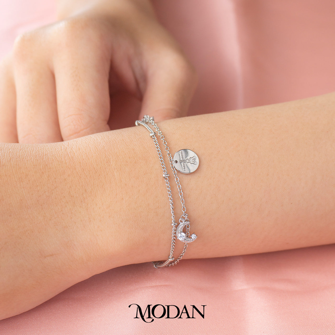 (16cm) Silver Night in Paris Eiffel Tower Moon and Star Bracelet Gelang Bulan Bintang Hypoallergenic Gold Filled