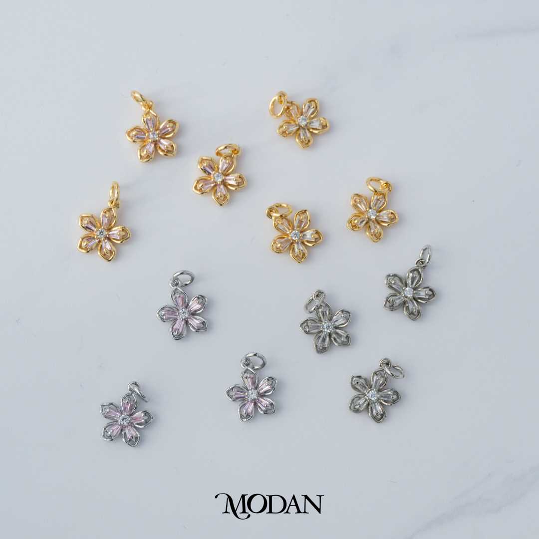 Pink Clear Blooming Flower DIY Charm Liontin Bunga Mekar Hypoallergenic Gold Plated