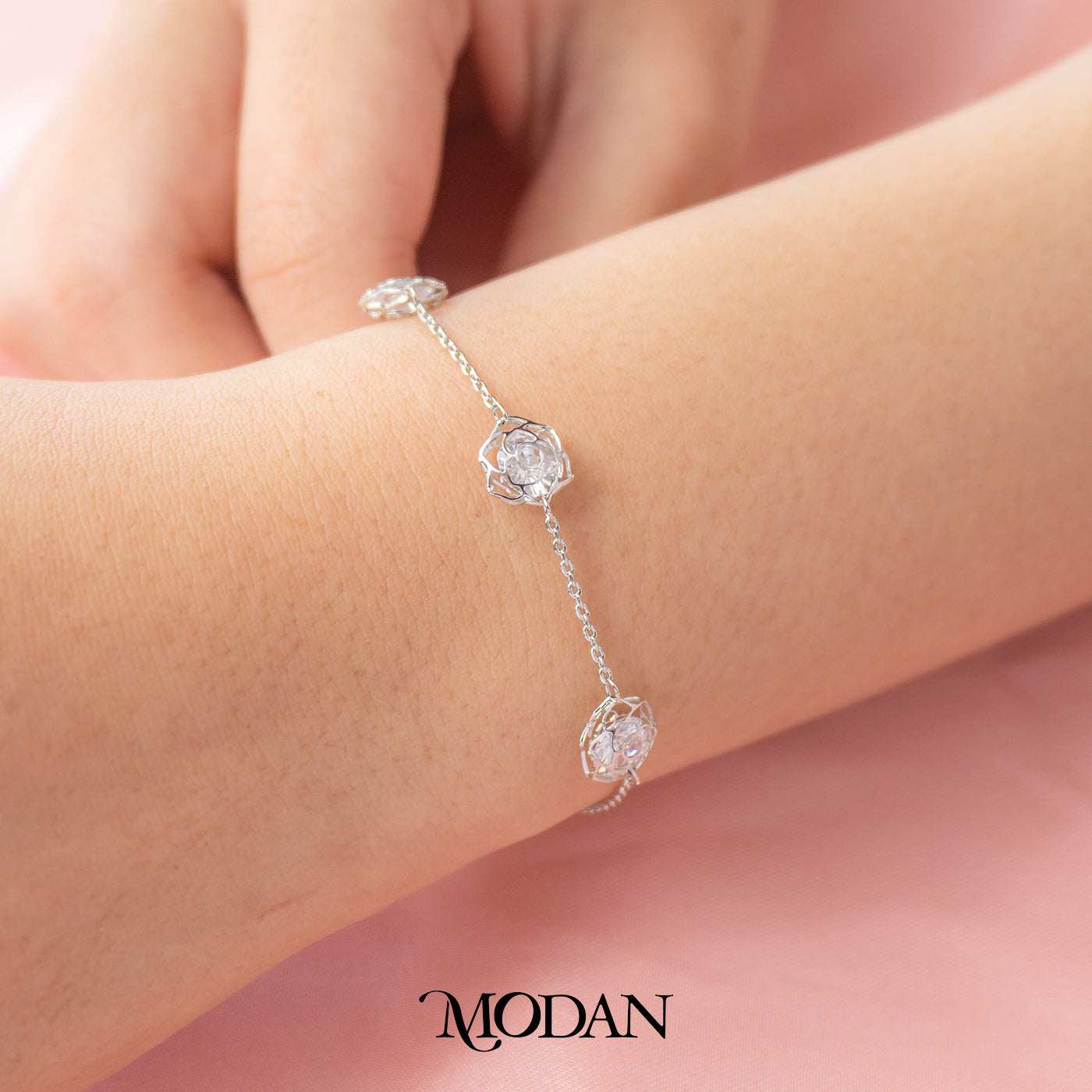 (17cm) Silver Blooming Camelia Flower Bracelet Gelang Bunga Hypoallergenic Gold Filled