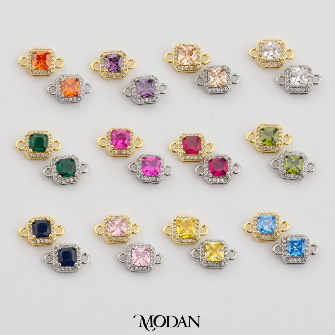 Square Princess Cut Birthstone DIY Connector Liontin Bulan Lahir Warna-Warni Hypoallergenic Gold Filled