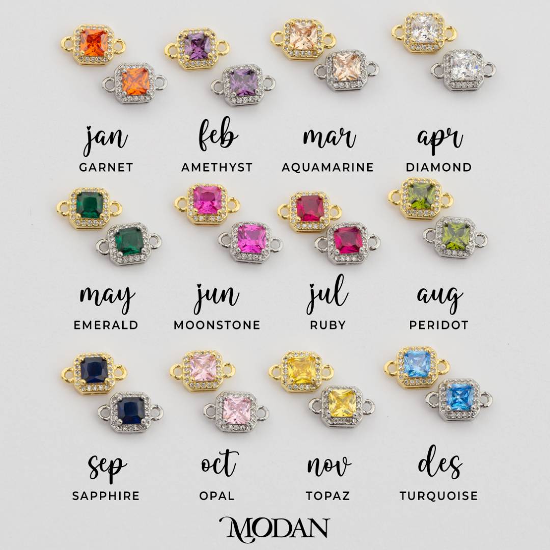 Square Princess Cut Birthstone DIY Connector Liontin Bulan Lahir Warna-Warni Hypoallergenic Gold Filled