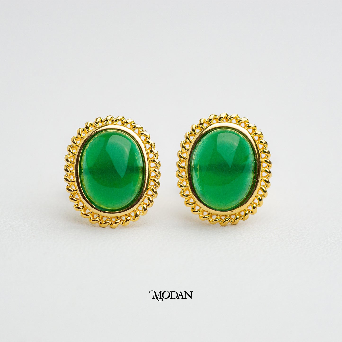 Vintage Faux Green Agate Oval Gemstone Earrings Anting Tusuk Batu Alam Oval Hypoallergenic Gold Plated