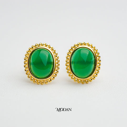 Vintage Faux Green Agate Oval Gemstone Earrings Anting Tusuk Batu Alam Oval Hypoallergenic Gold Plated