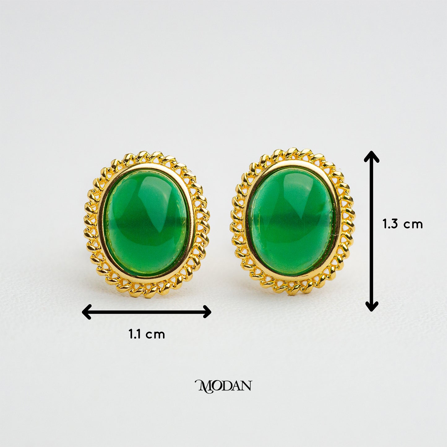 Vintage Faux Green Agate Oval Gemstone Earrings Anting Tusuk Batu Alam Oval Hypoallergenic Gold Plated