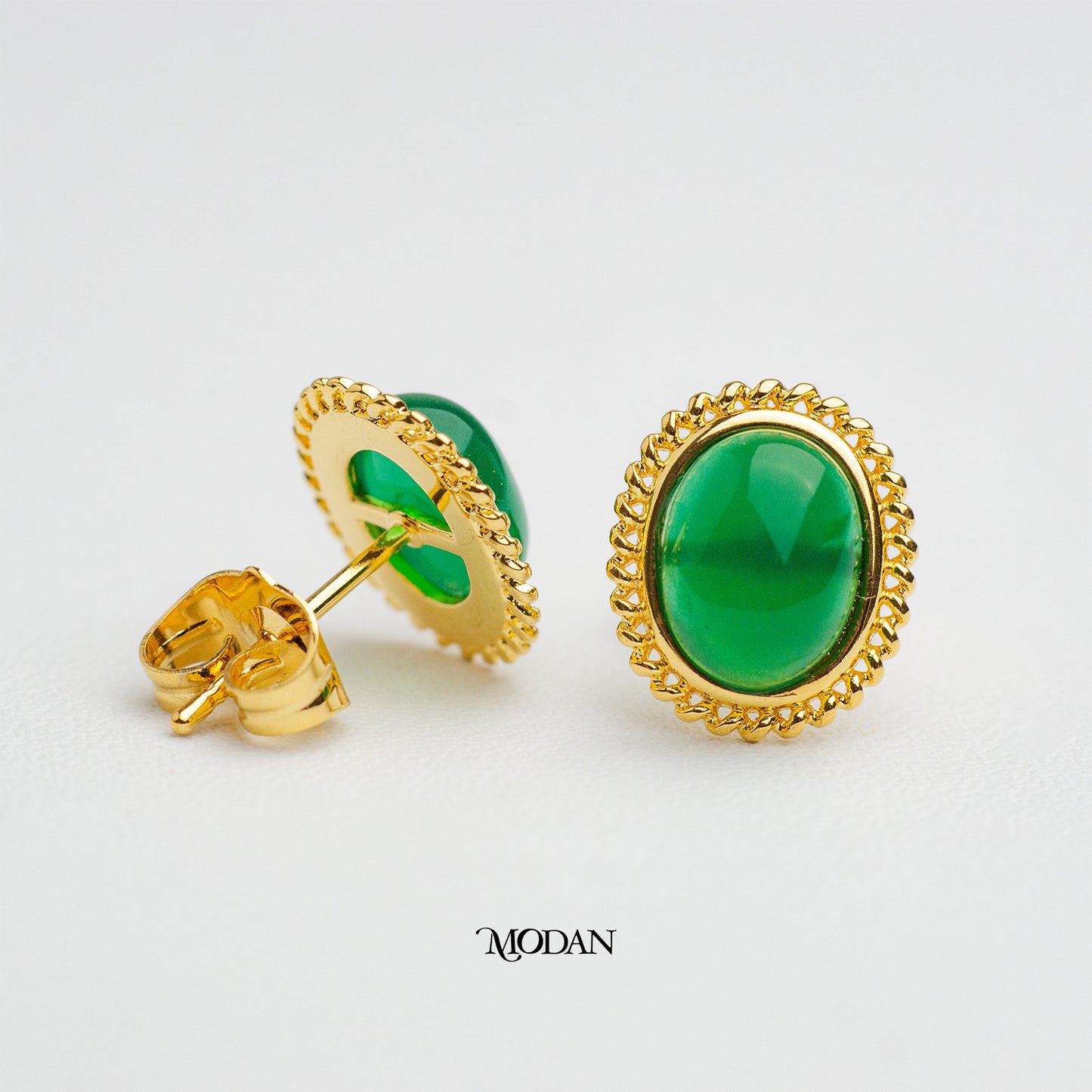 Vintage Faux Green Agate Oval Gemstone Earrings Anting Tusuk Batu Alam Oval Hypoallergenic Gold Plated