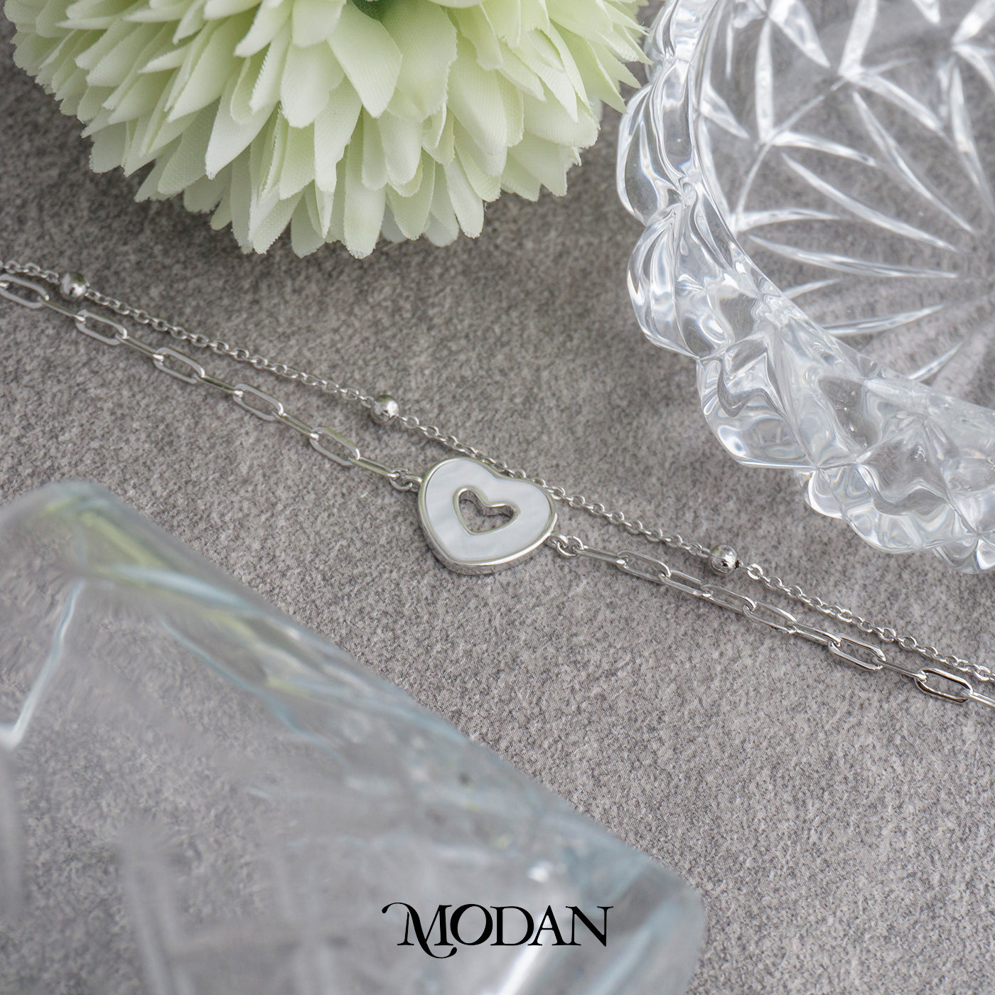 (15.5cm) Silver Mother of Pearl Heart Shaped Double Layer Bracelet Gelang Hati Hypoallergenic Gold Filled