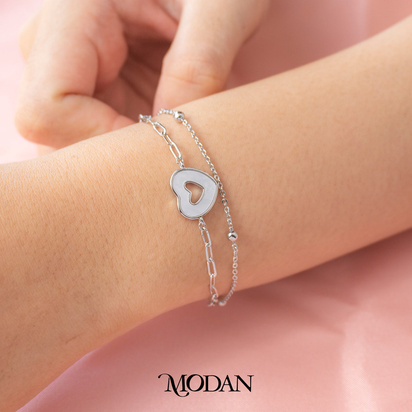 (15.5cm) Silver Mother of Pearl Heart Shaped Double Layer Bracelet Gelang Hati Hypoallergenic Gold Filled