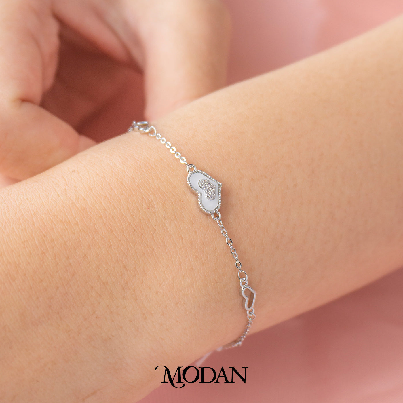 (16cm) Silver Micro Paved Mother of Pearl Heart Shaped Bracelet Gelang Hati Hypoallergenic Gold Filled