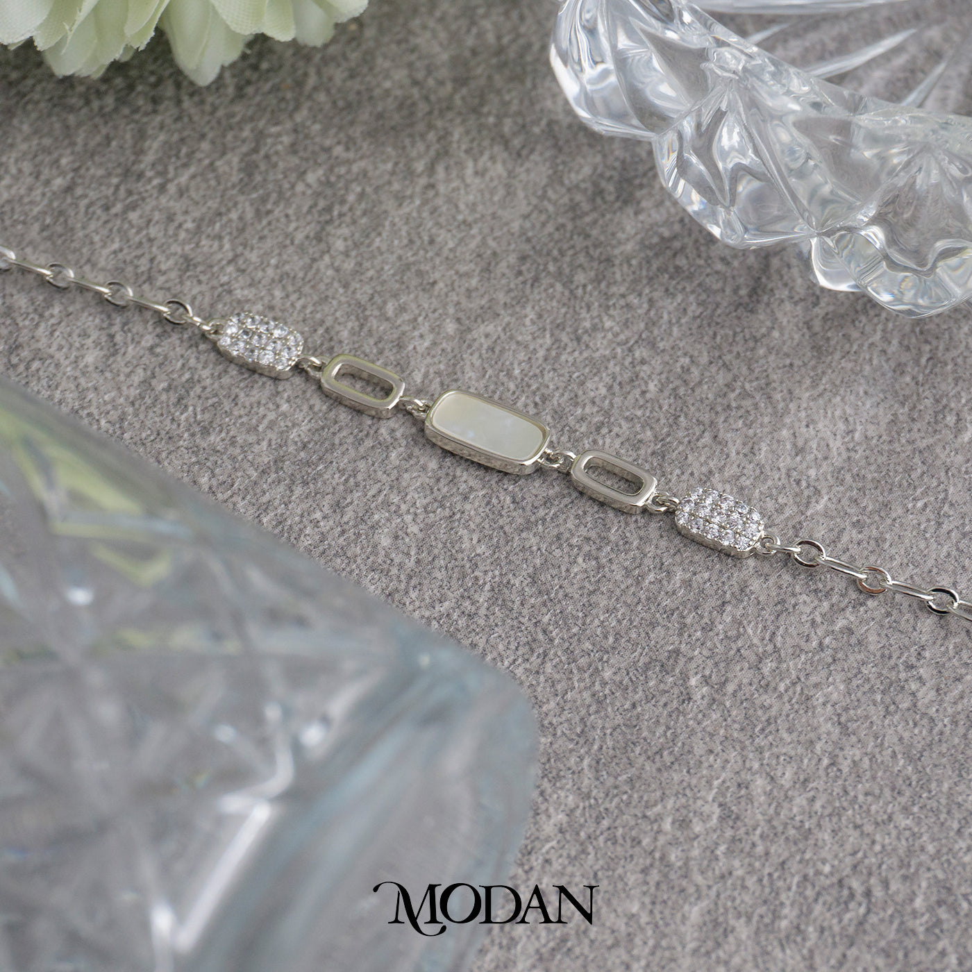(16cm) Silver Geometric Mother of Pearl Chain Gelang Rantai Hypoallergenic Gold Filled