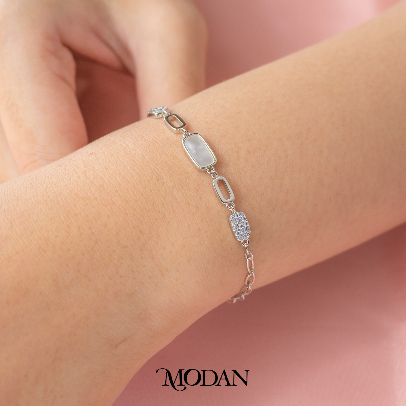 (16cm) Silver Geometric Mother of Pearl Chain Gelang Rantai Hypoallergenic Gold Filled