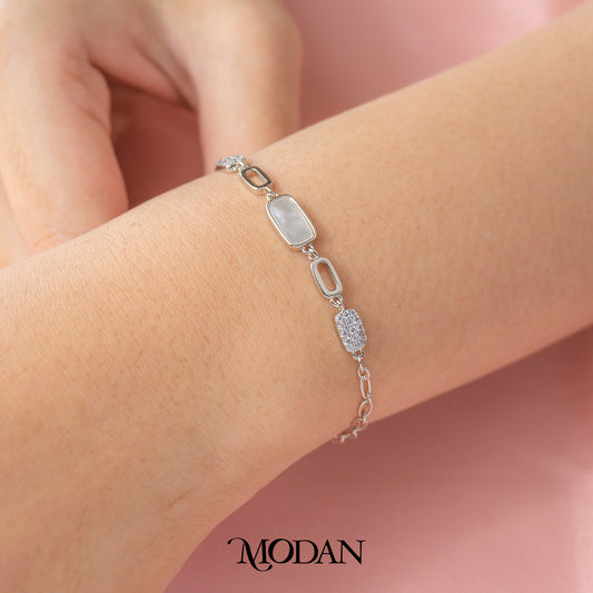 (16cm) Silver Geometric Mother of Pearl Chain Gelang Rantai Hypoallergenic Gold Filled