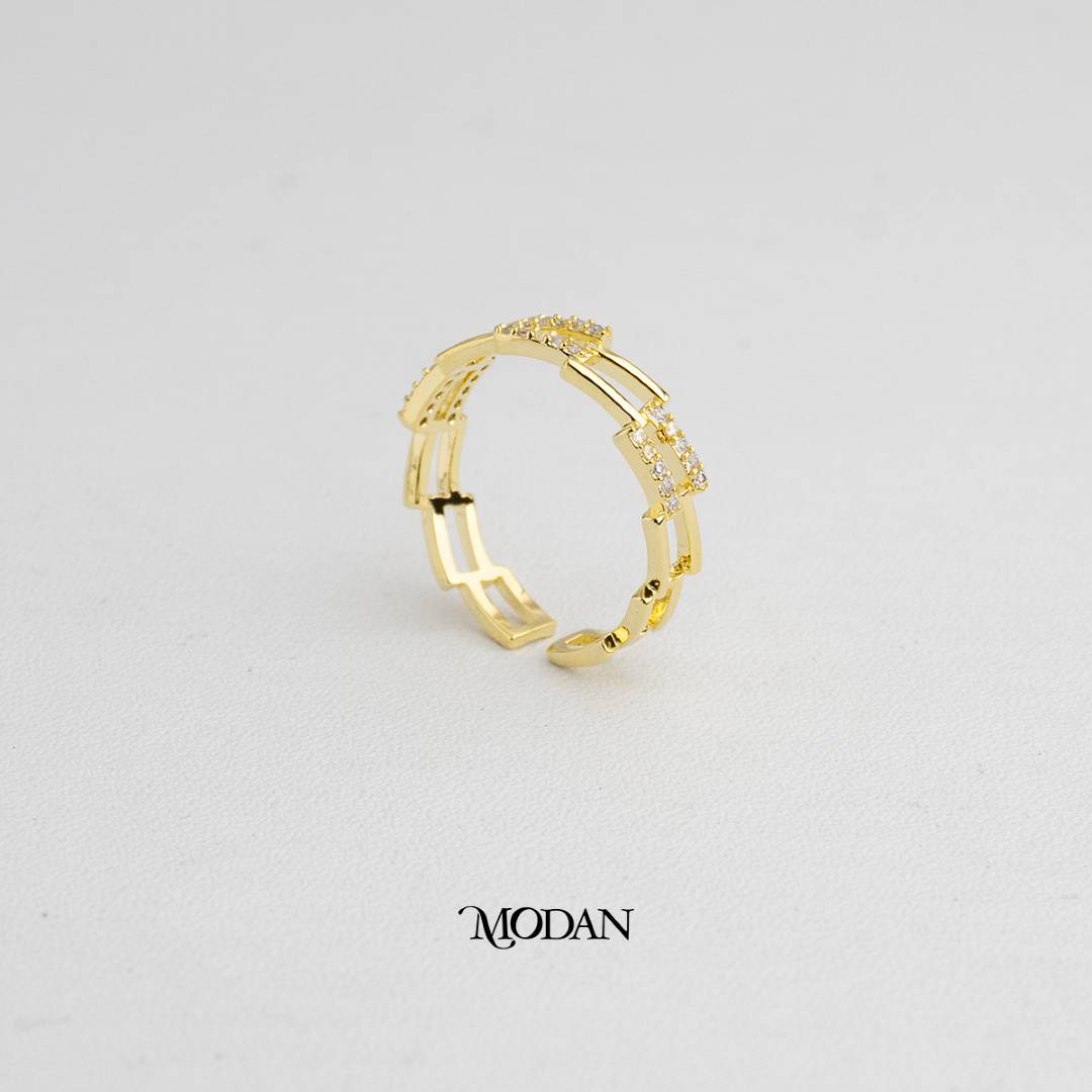 Geometric Hollow Chain Link Ring Cincin Geometris Rantai Berongga Hypoallergenic Gold Plated